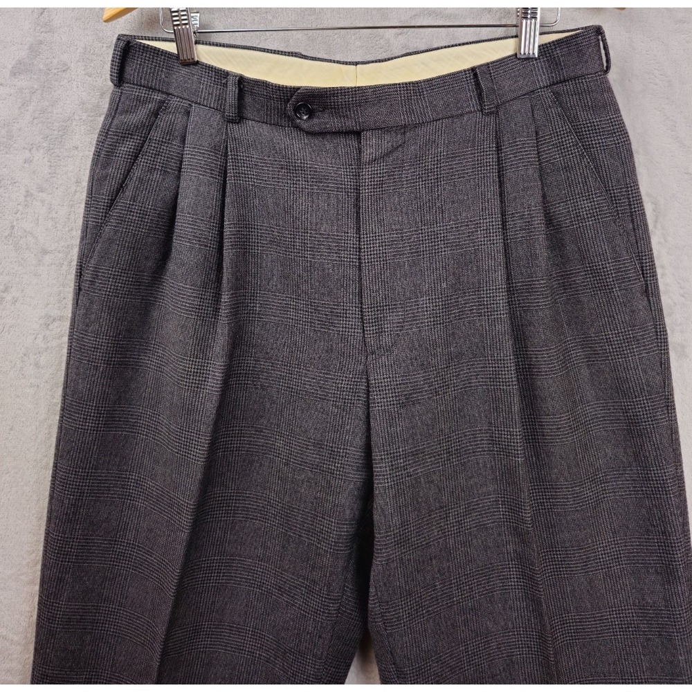 Brooks Brothers Mens Wool Windowpane Plaid Pleated Gray Trousers Pants 33x29 - Picture 2 of 5